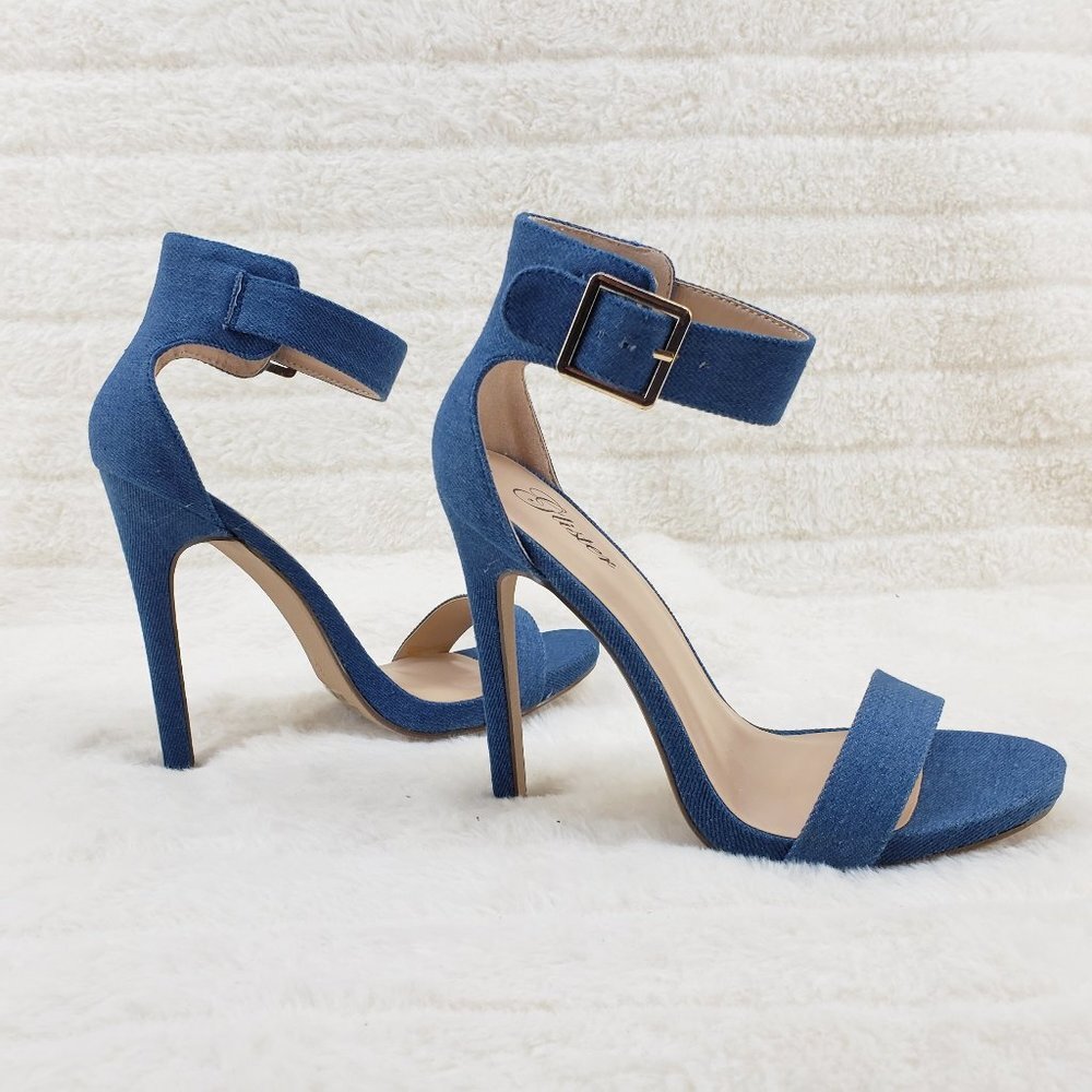 Denim Single Ankle & Toe Strap 4.5" High Heel Stiletto Shoes